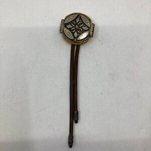 Vtg wood metal leather bolo tie western cowboy brooch